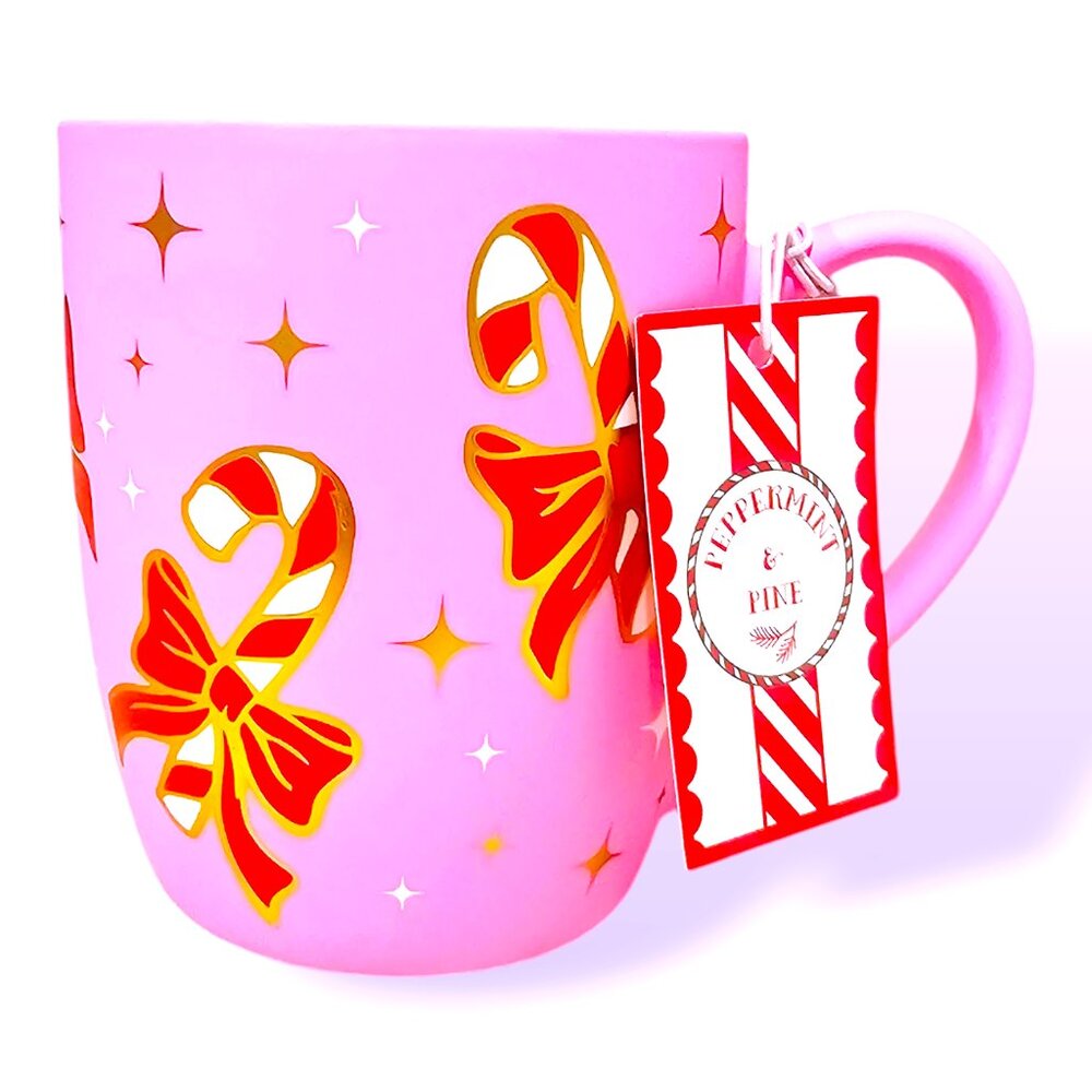 Peppermint and Pine Mug, Candy Cane, Gold, Pink Matte, Authentic, Soft Touch